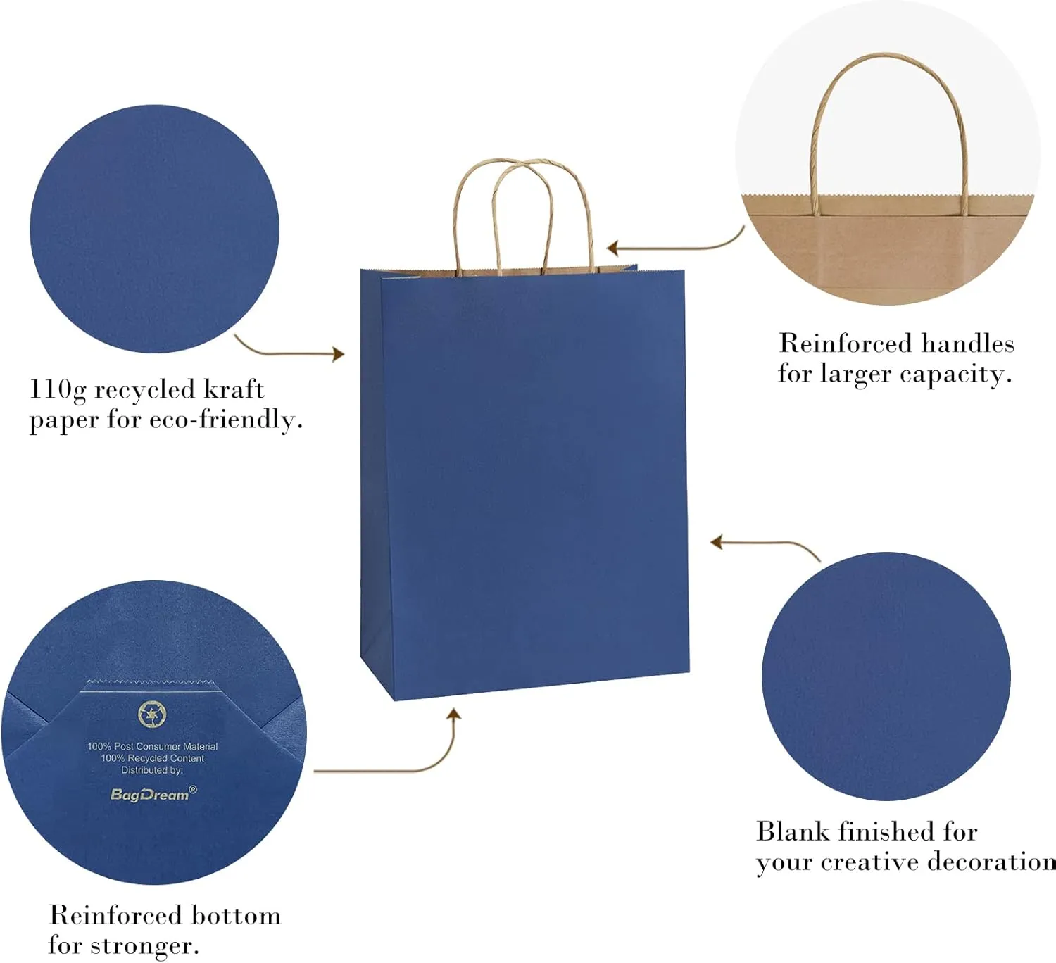 BagDream Gift Bags 50 Pack 10x5x13 Navy Blue Kraft Paper Bags Gift Bags with Handles, Retail Merchandise Bags Wedding Party Favor Bags Bulk Recycled Shopping Paper Bags Sacks