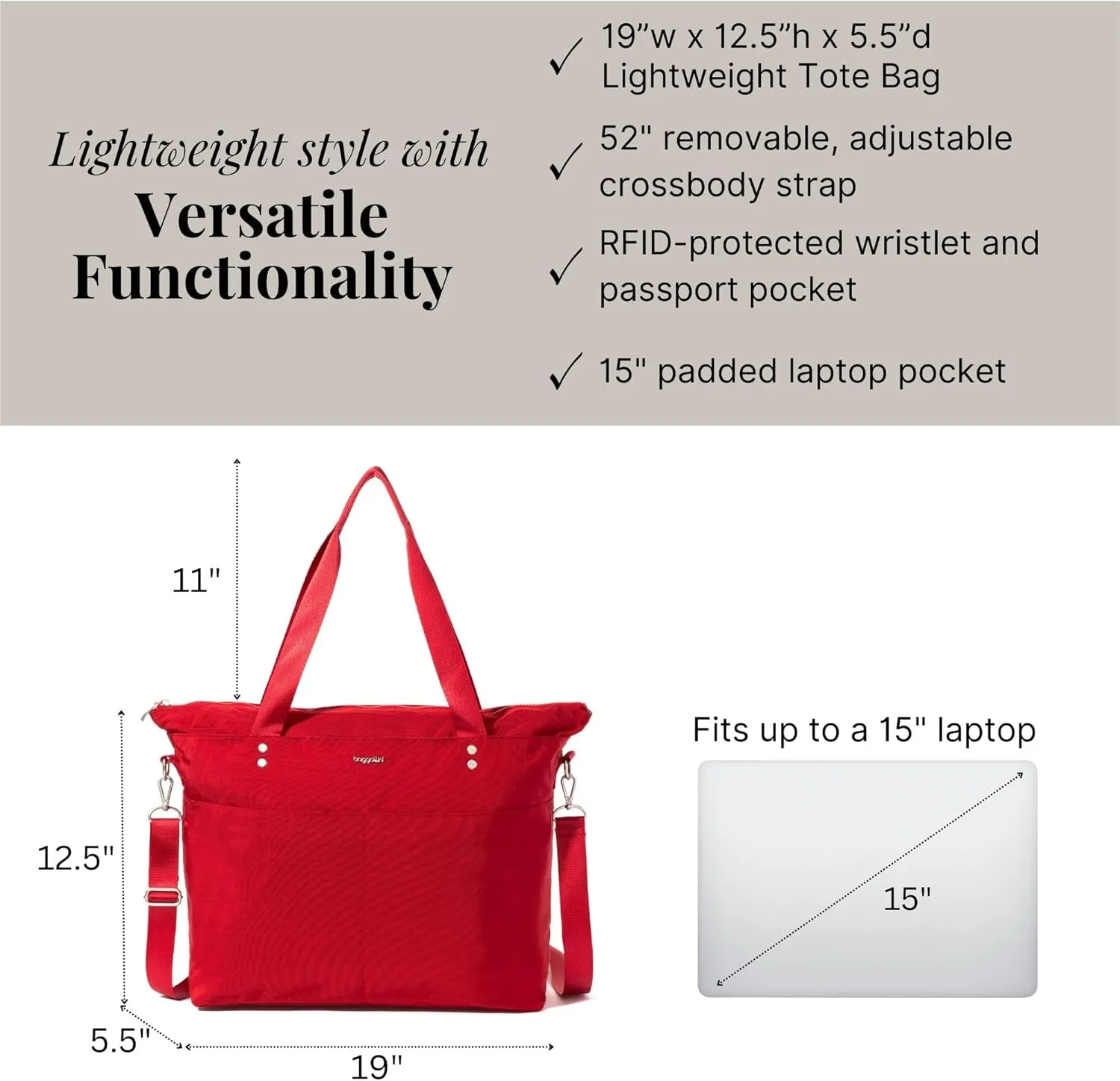 Baggallini Carryall Laptop Tote-Medium 12x19 Inch Travel Crossbody Shoulder Bag