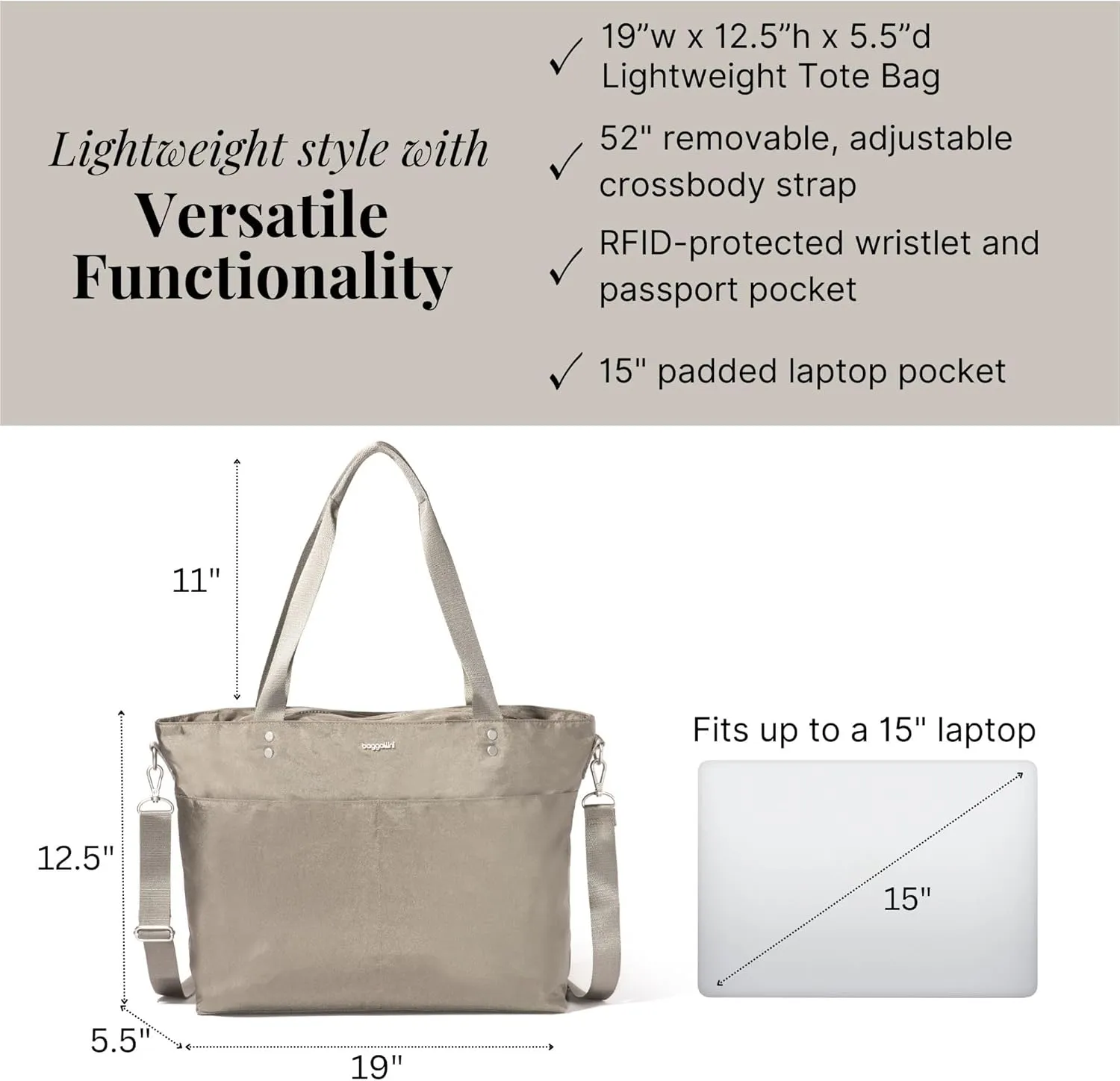 Baggallini Carryall Laptop Tote-Medium 12x19 Inch Travel Crossbody Shoulder Bag