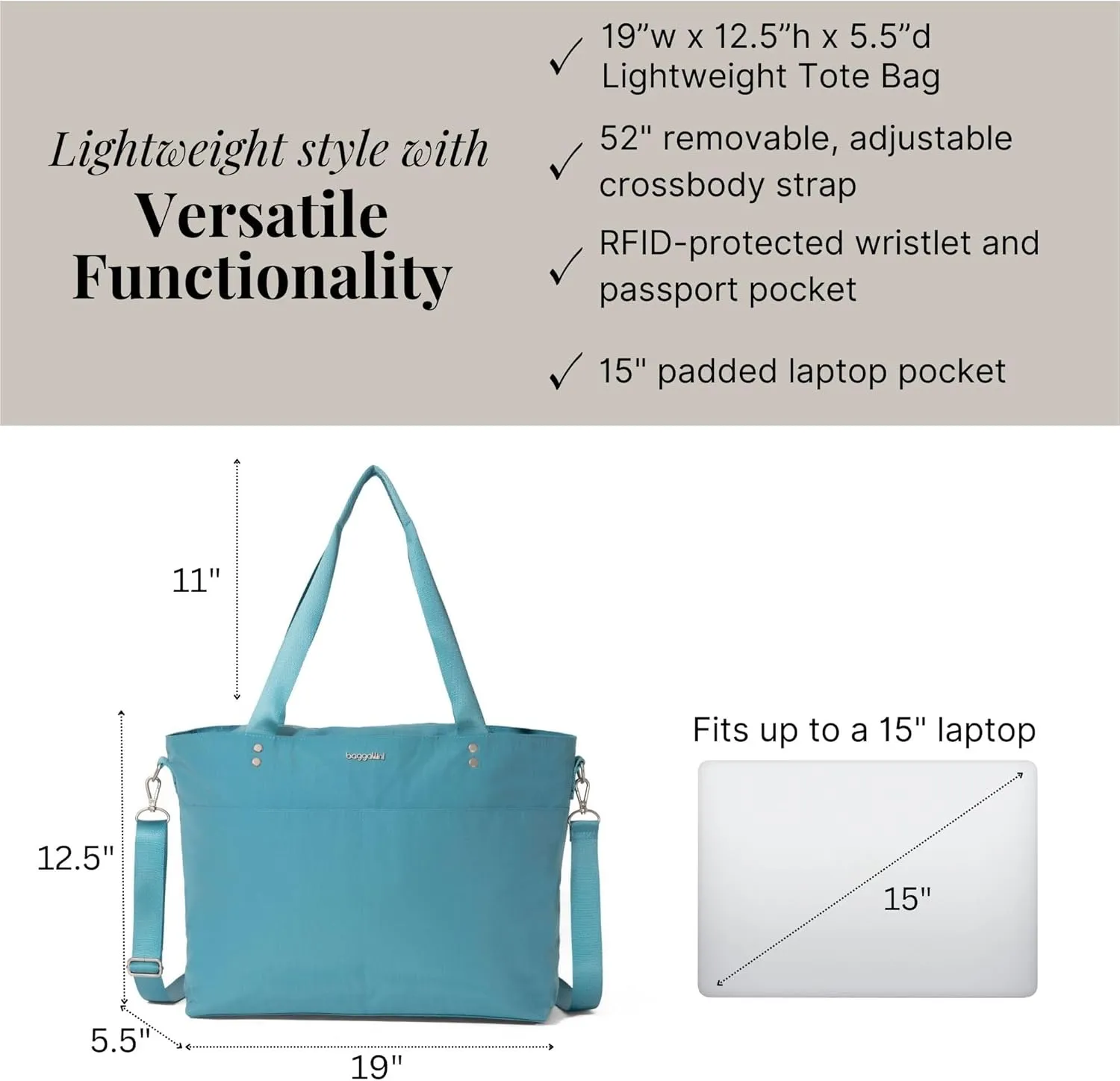 Baggallini Carryall Laptop Tote-Medium 12x19 Inch Travel Crossbody Shoulder Bag