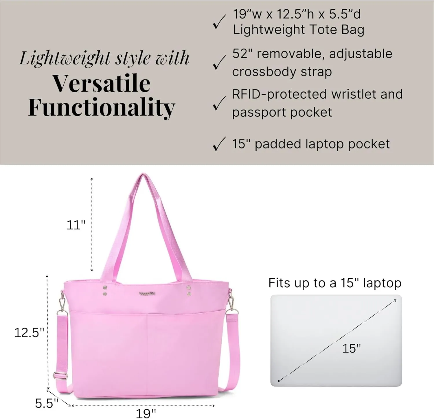 Baggallini Carryall Laptop Tote-Medium 12x19 Inch Travel Crossbody Shoulder Bag