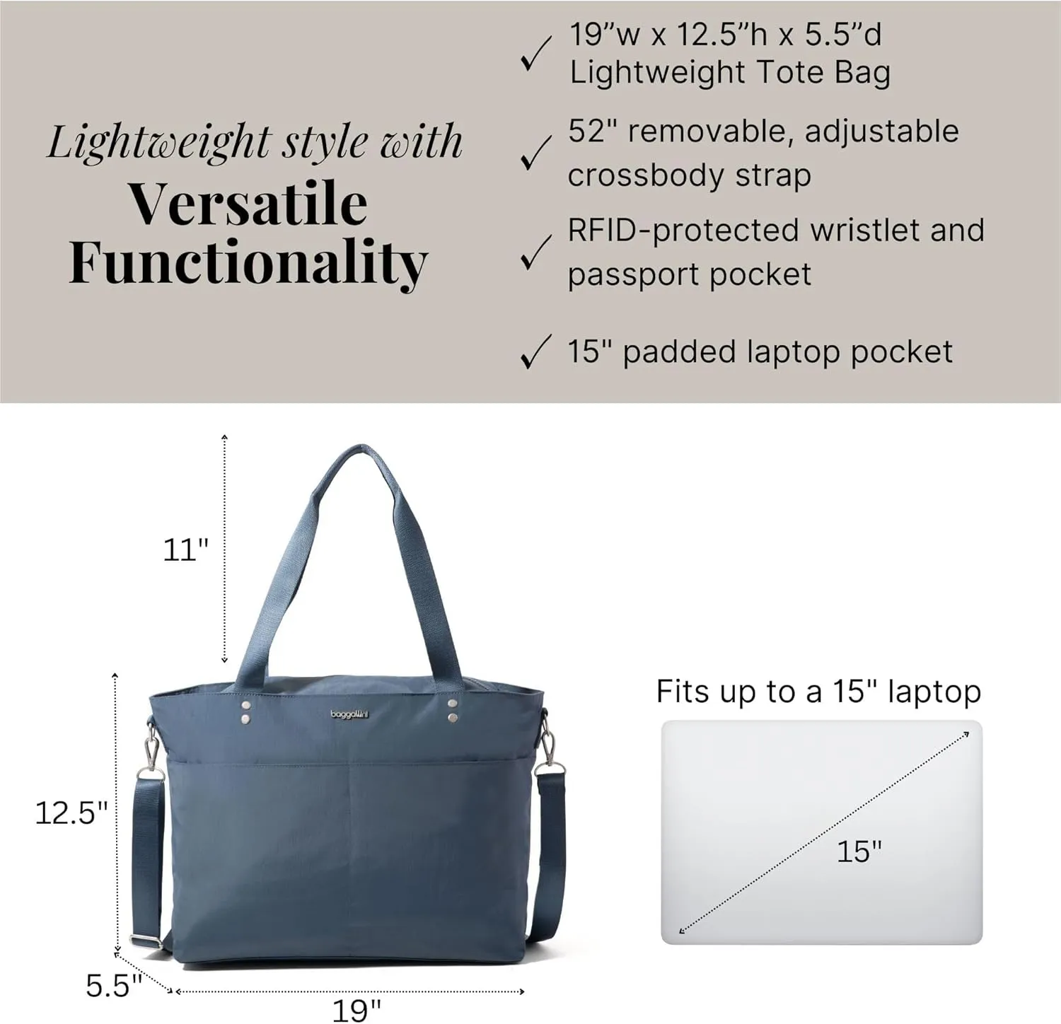 Baggallini Carryall Laptop Tote-Medium 12x19 Inch Travel Crossbody Shoulder Bag