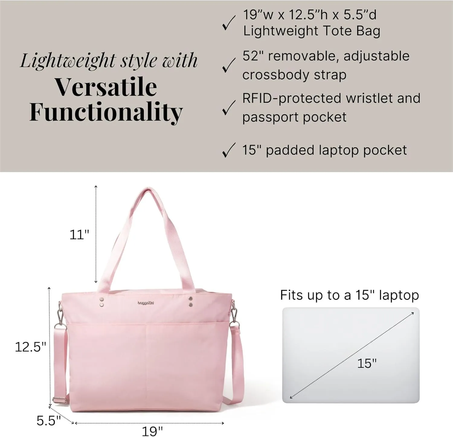 Baggallini Carryall Laptop Tote-Medium 12x19 Inch Travel Crossbody Shoulder Bag