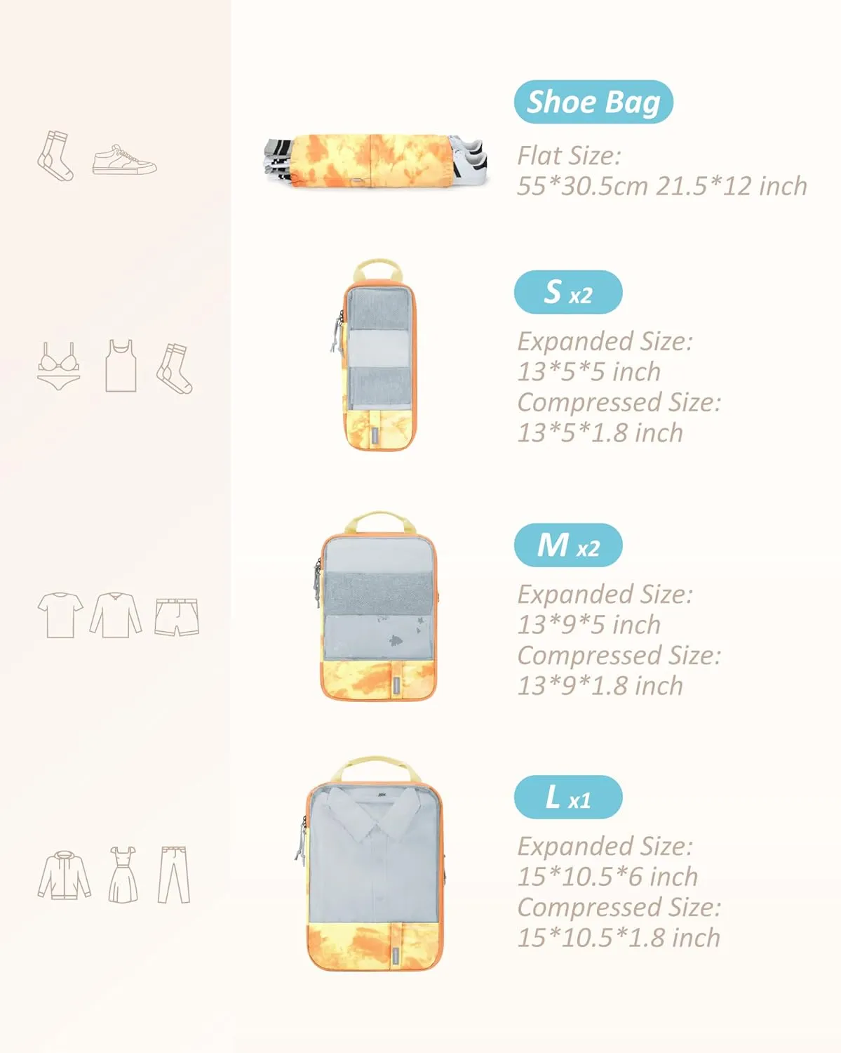 BAGSMART 6 Set Compression Packing Cubes - Lightweight Travel Essentials, Durable Luggage Organizer