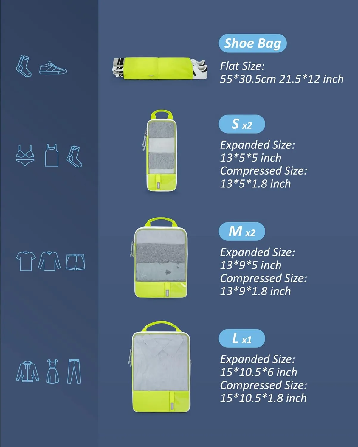 BAGSMART 6 Set Compression Packing Cubes - Lightweight Travel Essentials, Durable Luggage Organizer