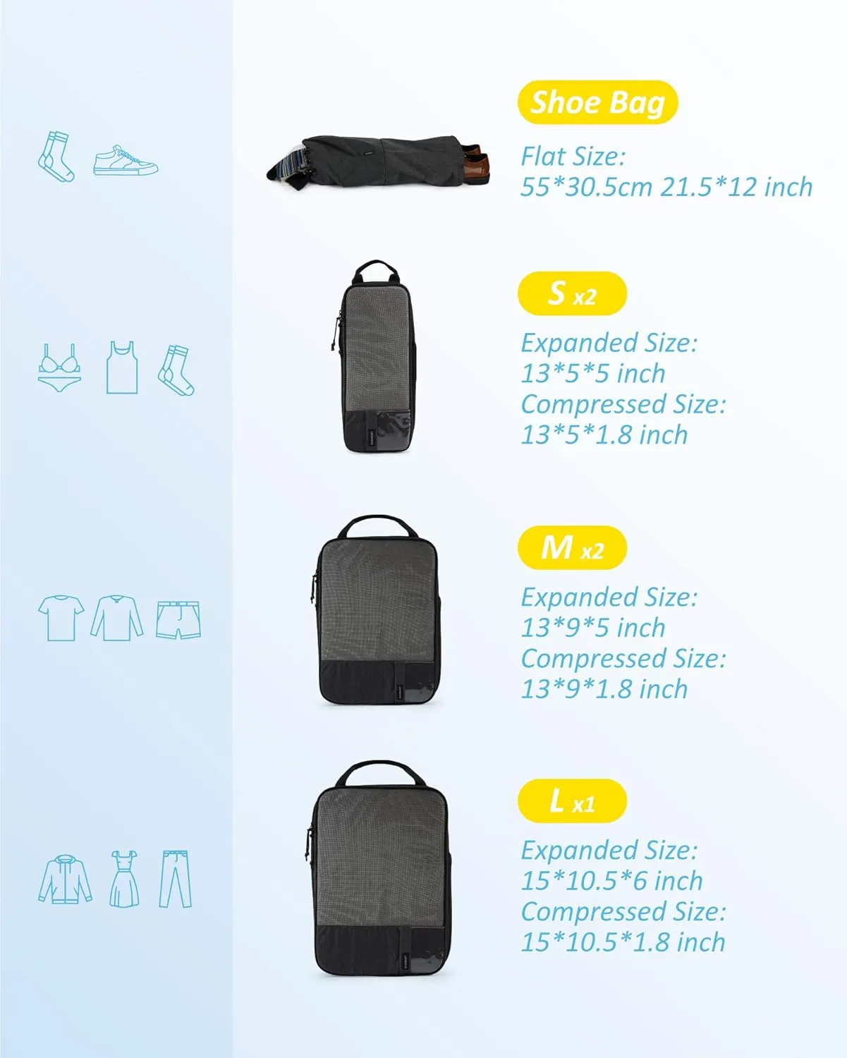BAGSMART 6 Set Compression Packing Cubes - Lightweight Travel Essentials, Durable Luggage Organizer