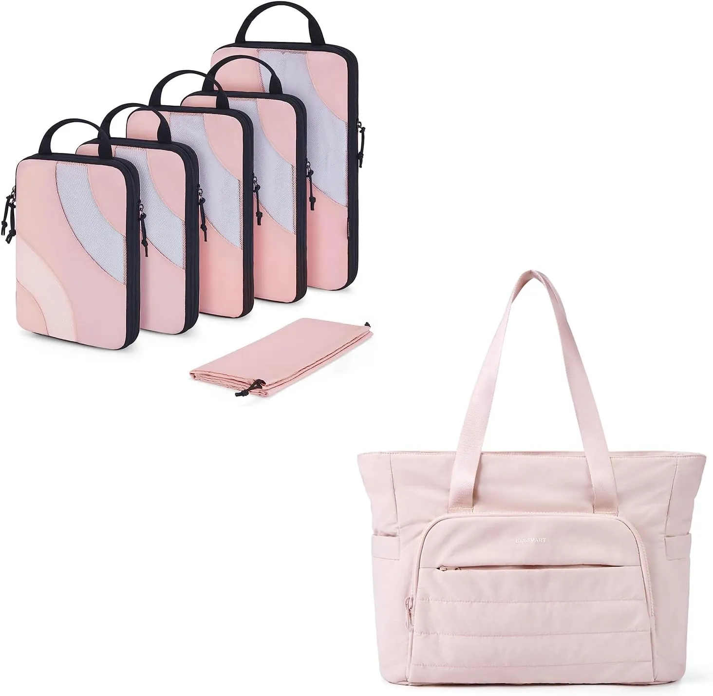 BAGSMART 6 Set Travel Packing Cubes with Women Tote Bag, Pink