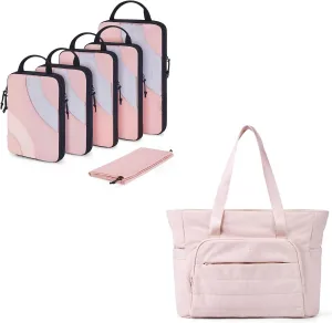 BAGSMART 6 Set Travel Packing Cubes with Women Tote Bag, Pink