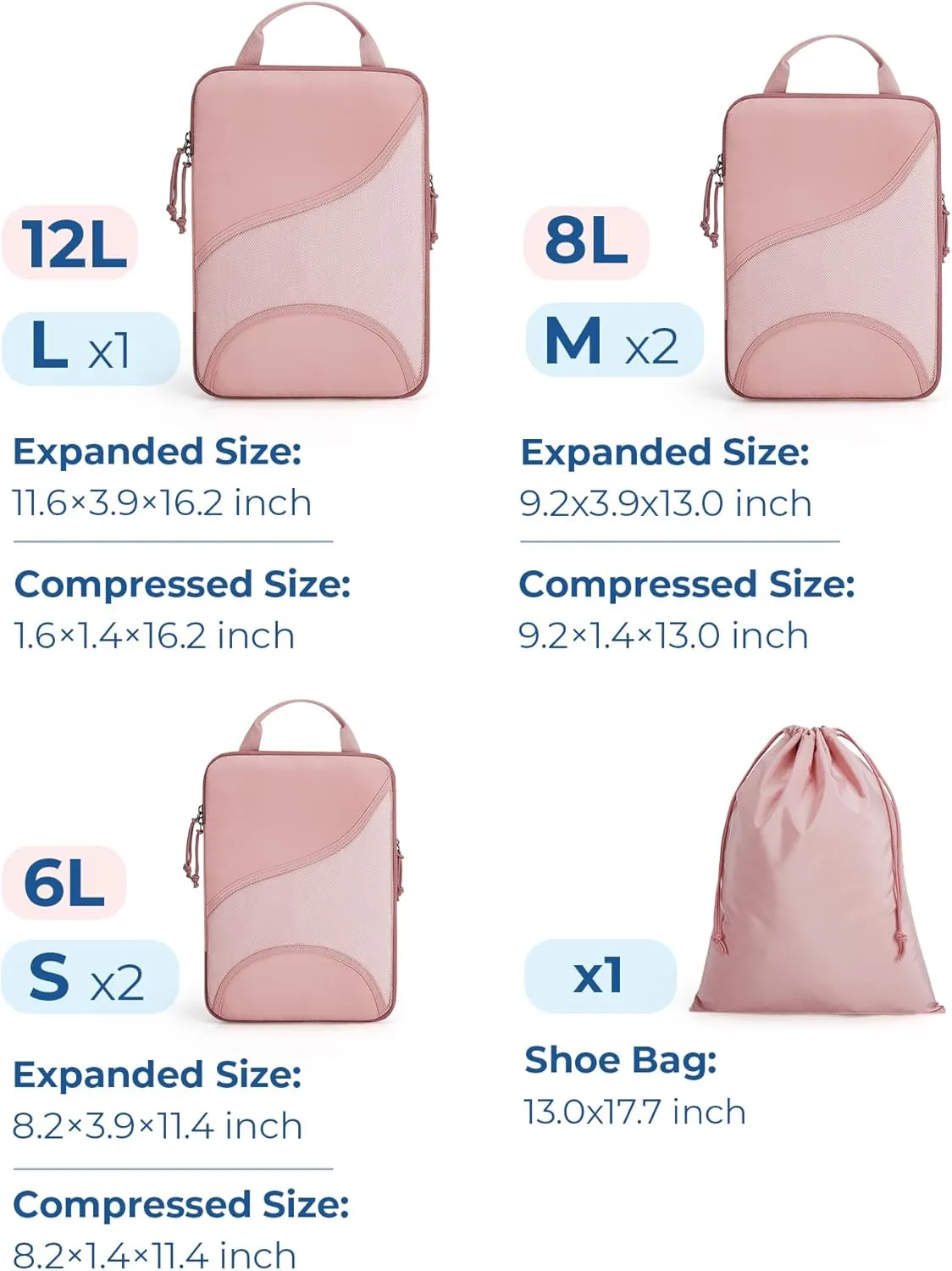 BAGSMART Compression Packing Cubes - 6 Set Travel Packing Cubes for Suitcases, Compression Suitcase Organizers with Shoe Bag