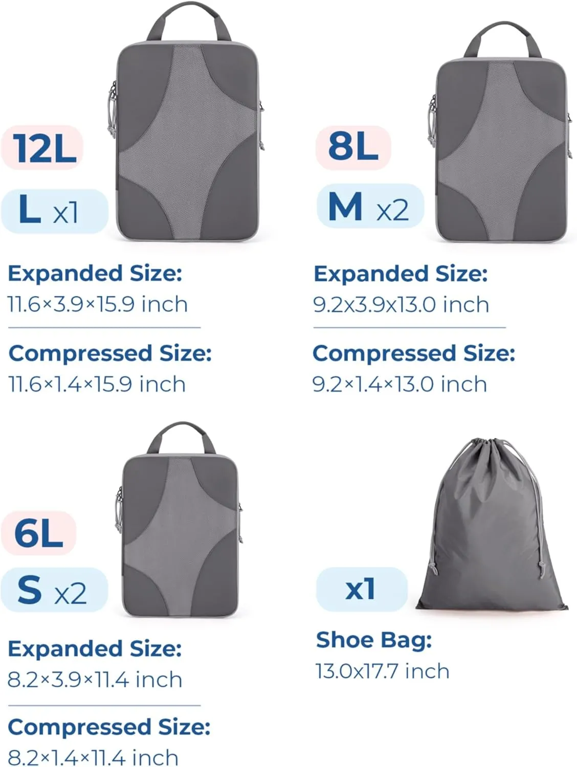 BAGSMART Compression Packing Cubes for Travel, Compressible Luggage Organizer for Cruise Ship, Lightweight Travel Essentials 6-Pack 1L 2M 2S 1Shoe Bag