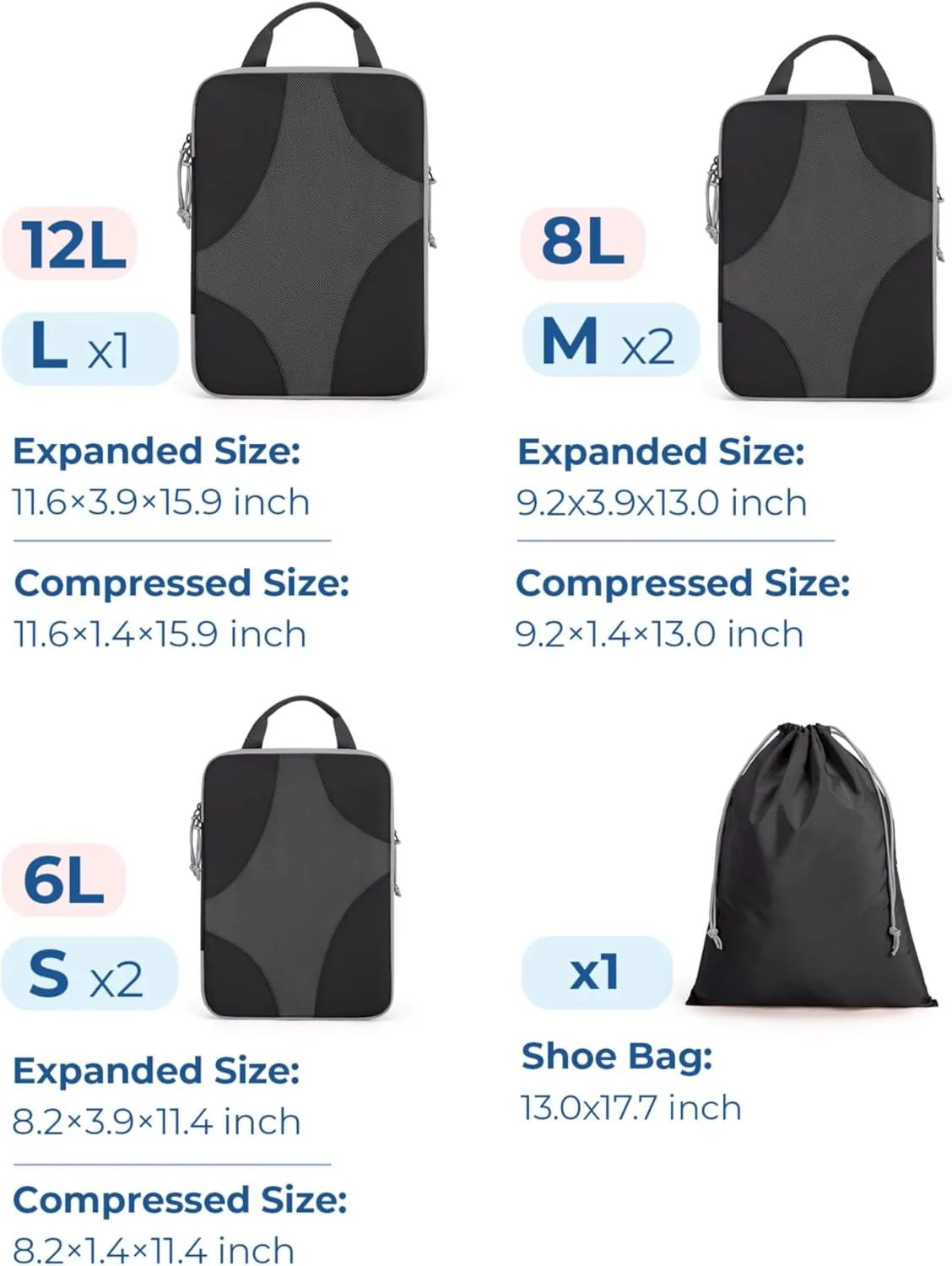 BAGSMART Compression Packing Cubes for Travel, Compressible Luggage Organizer for Cruise Ship, Lightweight Travel Essentials 6-Pack 1L 2M 2S 1Shoe Bag