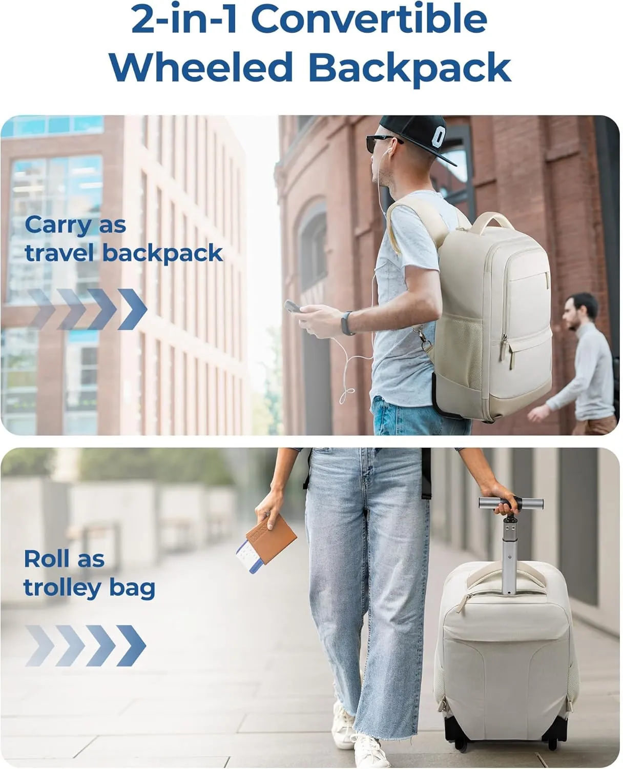 BAGSMART Rolling Backpack, Water-Resistant Travel Laptop Backpacks with Wheels for Adults, 17 Inch Large Roller College Backpack Luggage Carry on with 2 Packing Cubes, Beige