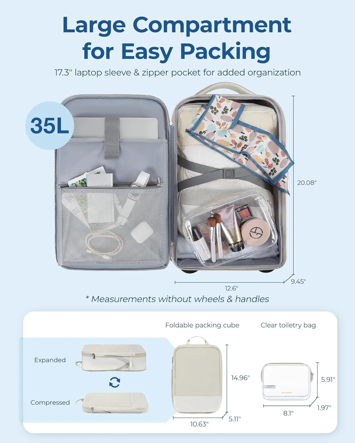 BAGSMART Rolling Backpack, Water-Resistant Travel Laptop Backpacks with Wheels for Adults, 17 Inch Large Roller College Backpack Luggage Carry on with 2 Packing Cubes, Beige