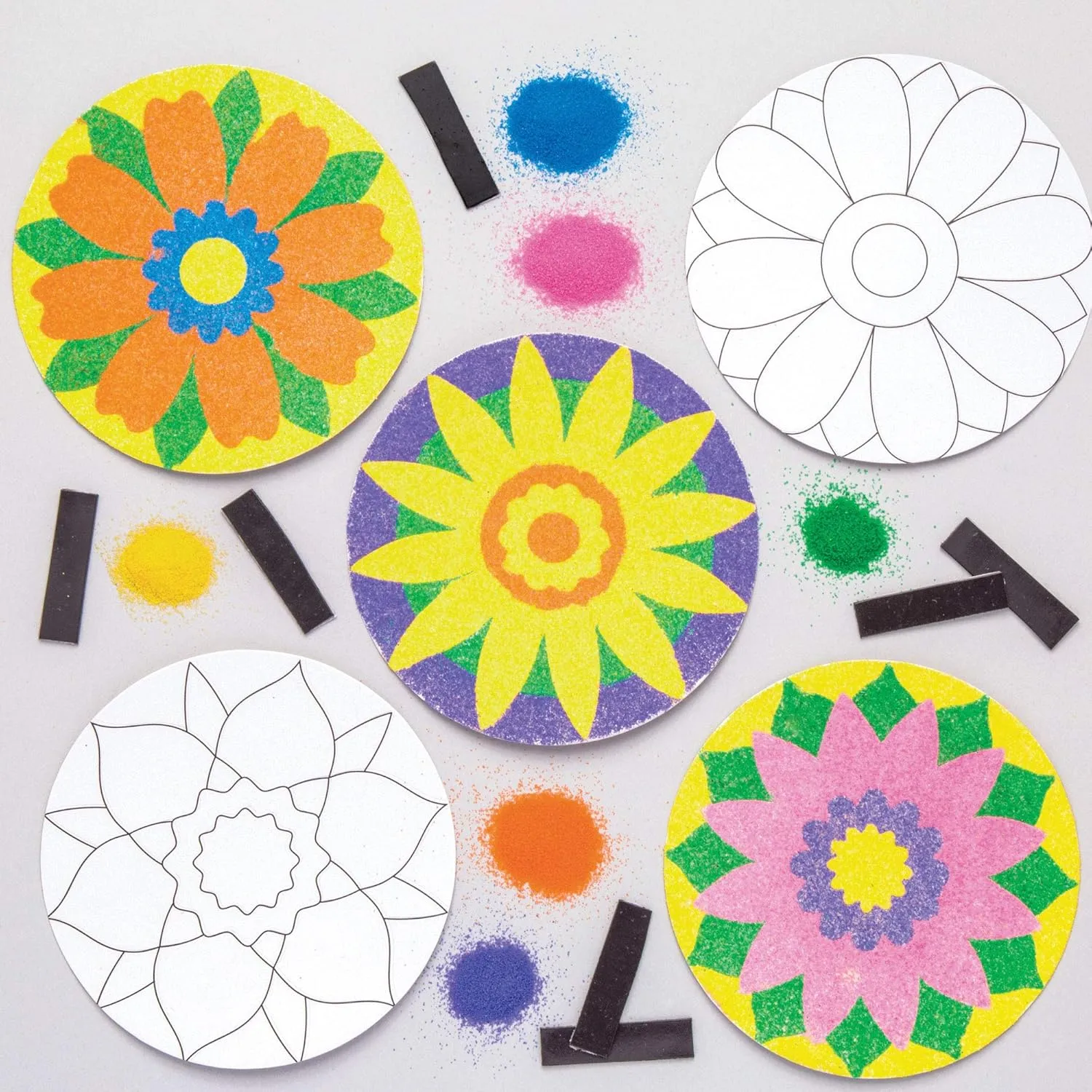 Baker Ross AW358 Flower Sand Art Magnets - Pack of 6, Spring Crafts for Kids to Decorate and Display