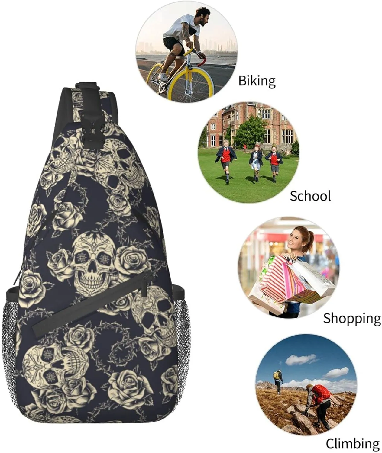 bassyil Skull Rose Sling Bag Crossbody Travel Hiking Chest Backpack Shoulder Daypack for Women Men