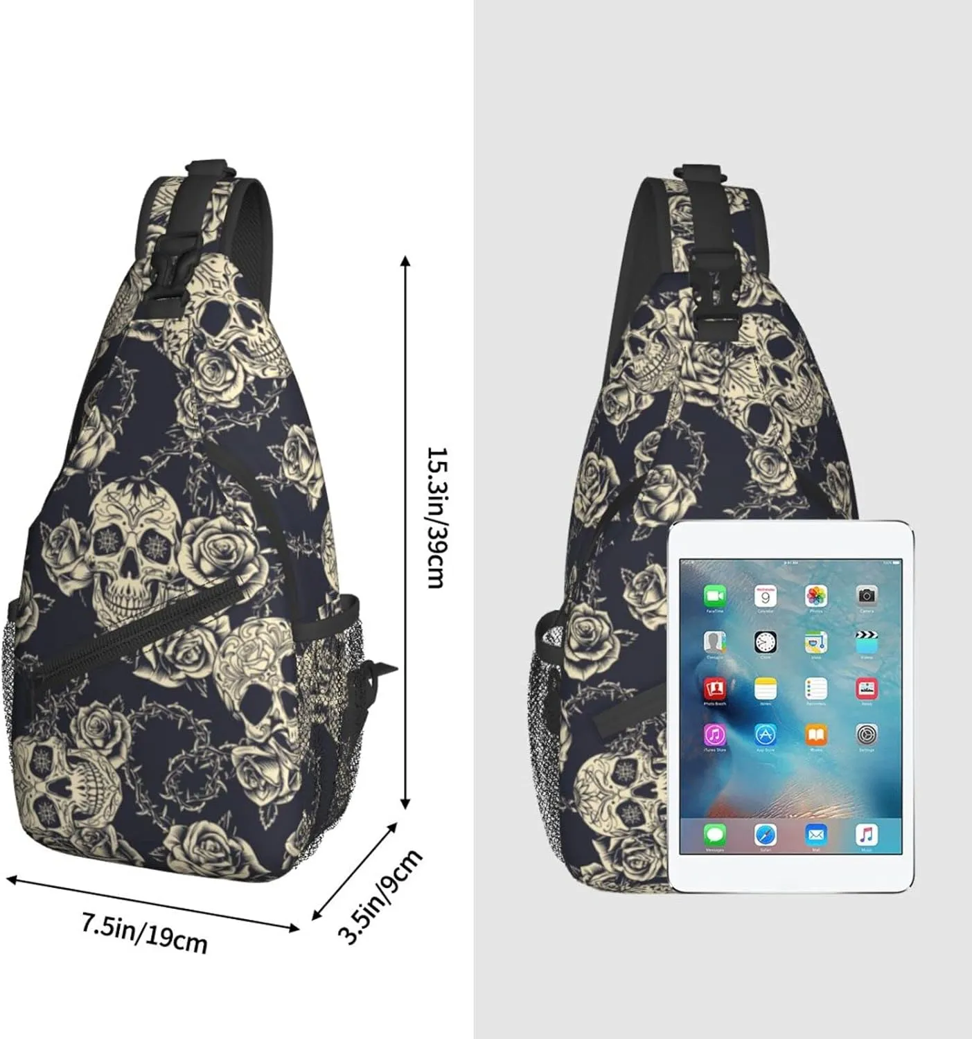 bassyil Skull Rose Sling Bag Crossbody Travel Hiking Chest Backpack Shoulder Daypack for Women Men