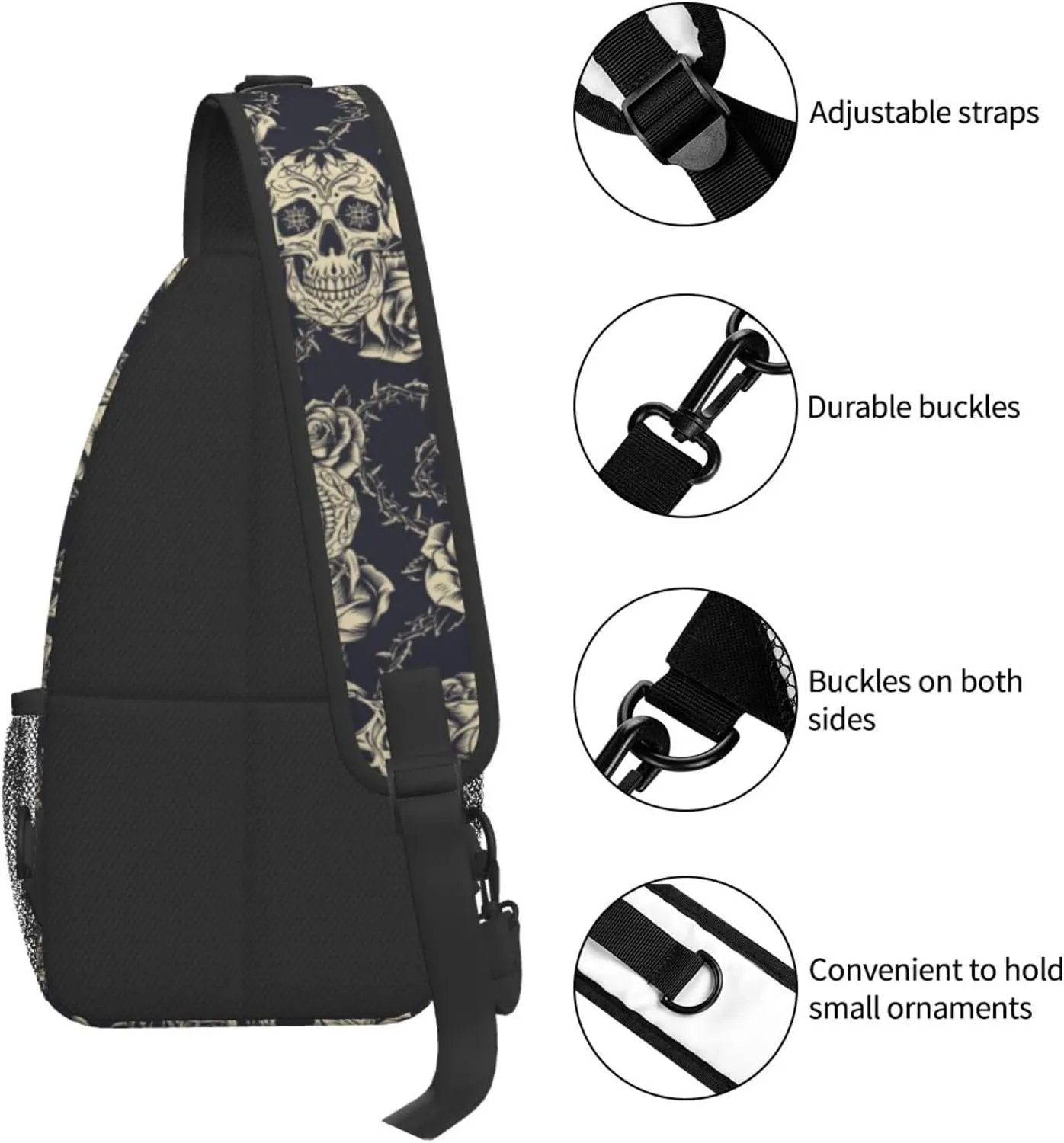 bassyil Skull Rose Sling Bag Crossbody Travel Hiking Chest Backpack Shoulder Daypack for Women Men