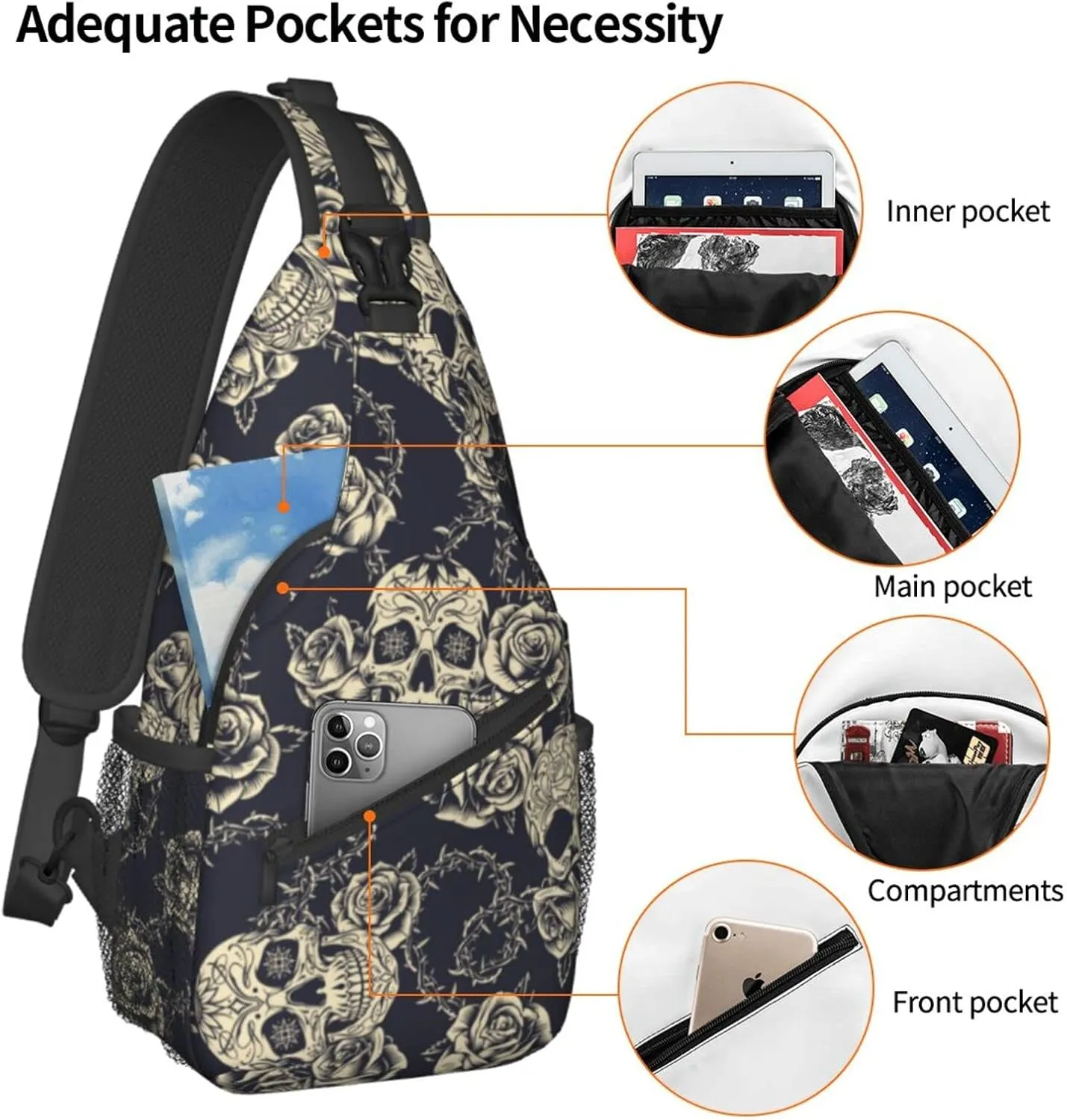 bassyil Skull Rose Sling Bag Crossbody Travel Hiking Chest Backpack Shoulder Daypack for Women Men