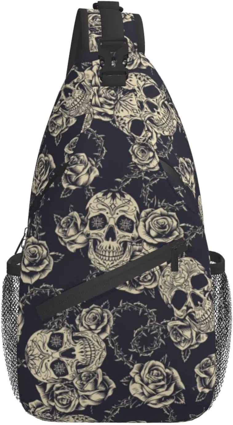 bassyil Skull Rose Sling Bag Crossbody Travel Hiking Chest Backpack Shoulder Daypack for Women Men