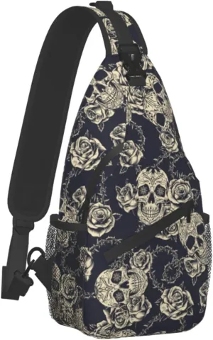bassyil Skull Rose Sling Bag Crossbody Travel Hiking Chest Backpack Shoulder Daypack for Women Men