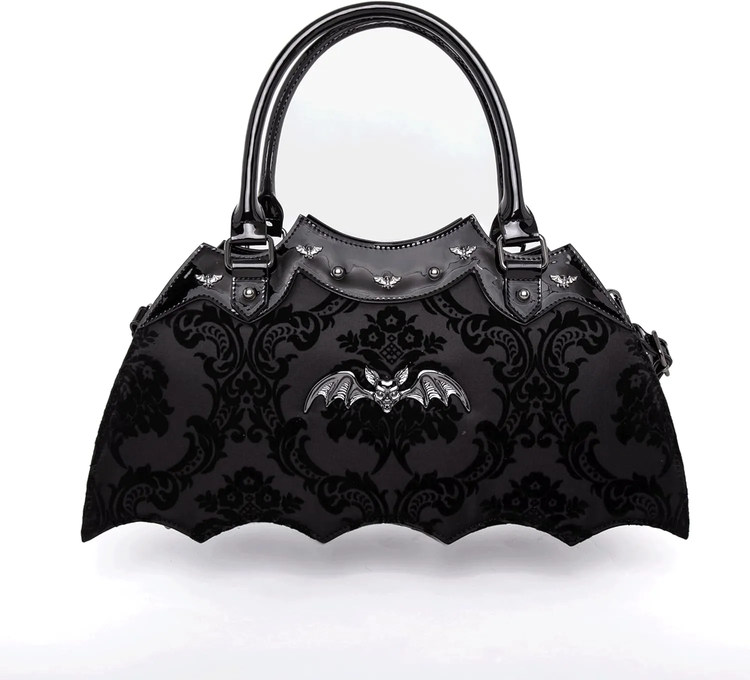 Bat Shaped Handbag with Damask Print and Metal Embellishments on Bag - Includes Shoulder Strap