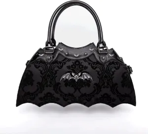 Bat Shaped Handbag with Damask Print and Metal Embellishments on Bag - Includes Shoulder Strap