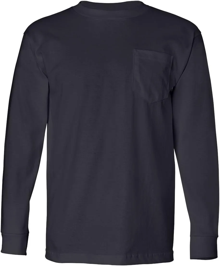 Bayside Adult 6.1 oz., 100% Cotton Long Sleeve Pocket T-Shirt S NAVY