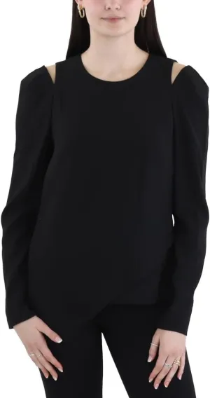 BCBGMAXAZRIA Women's Fitted Long Sleeve Top Crew Neck Shoulder Cut Outs Keyhole Asymmetrical Hem Shirt
