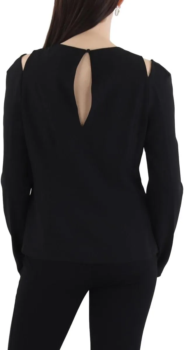 BCBGMAXAZRIA Women's Fitted Long Sleeve Top Crew Neck Shoulder Cut Outs Keyhole Asymmetrical Hem Shirt