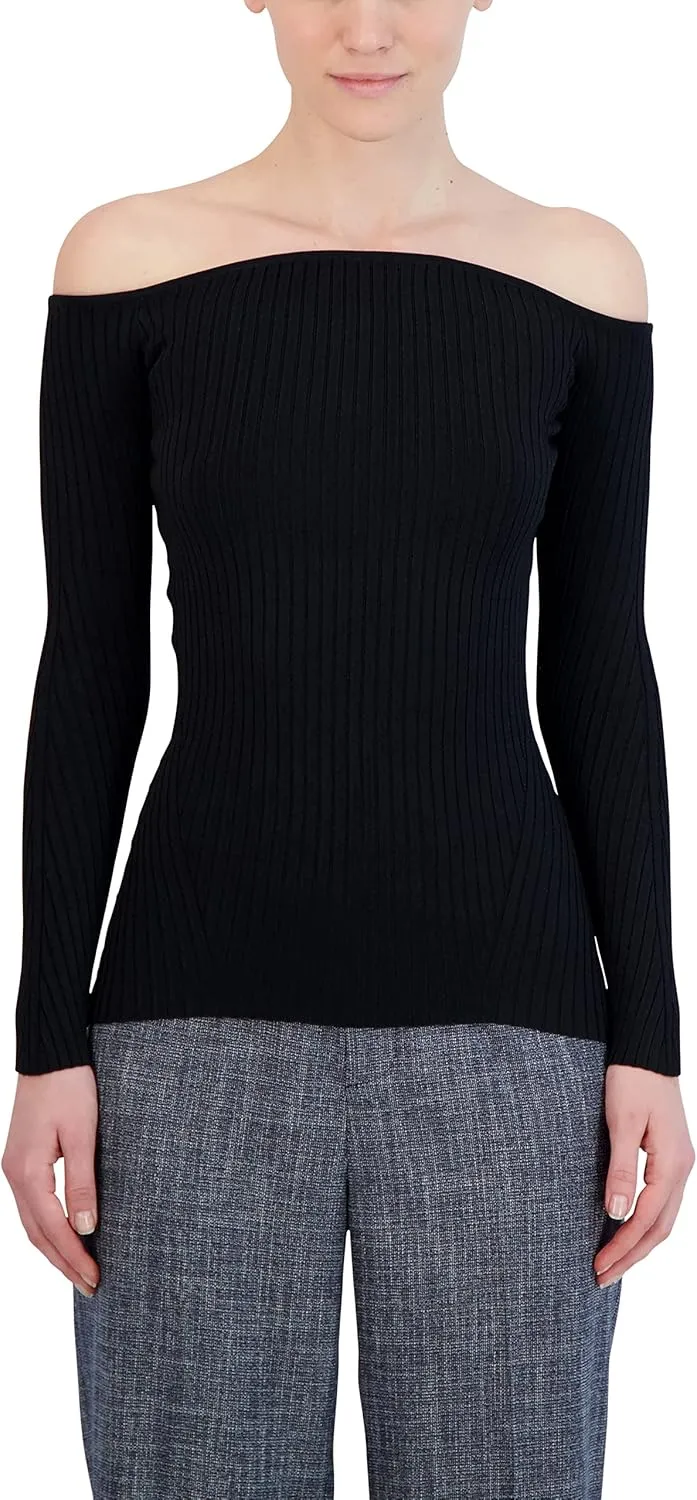 BCBGMAXAZRIA Women's Fitted Ribbed Sweater Off The Shoulder Long Sleeve Sculpted Neck Top
