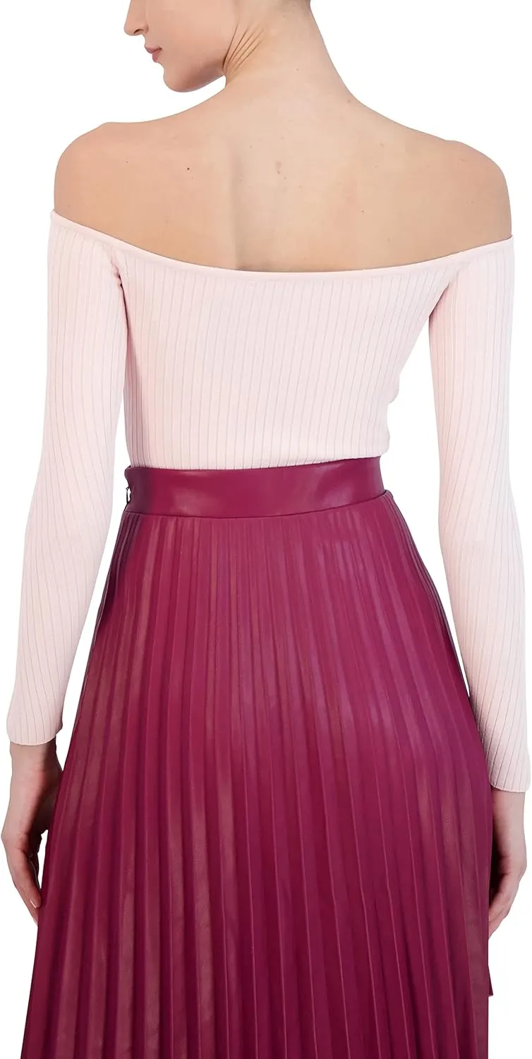 BCBGMAXAZRIA Women's Fitted Ribbed Sweater Off The Shoulder Long Sleeve Sculpted Neck Top