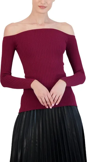 BCBGMAXAZRIA Women's Fitted Ribbed Sweater Off The Shoulder Long Sleeve Sculpted Neck Top