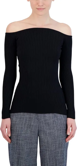 BCBGMAXAZRIA Women's Fitted Ribbed Sweater Off The Shoulder Long Sleeve Sculpted Neck Top
