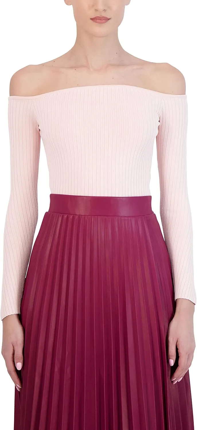 BCBGMAXAZRIA Women's Fitted Ribbed Sweater Off The Shoulder Long Sleeve Sculpted Neck Top