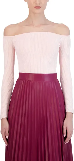 BCBGMAXAZRIA Women's Fitted Ribbed Sweater Off The Shoulder Long Sleeve Sculpted Neck Top
