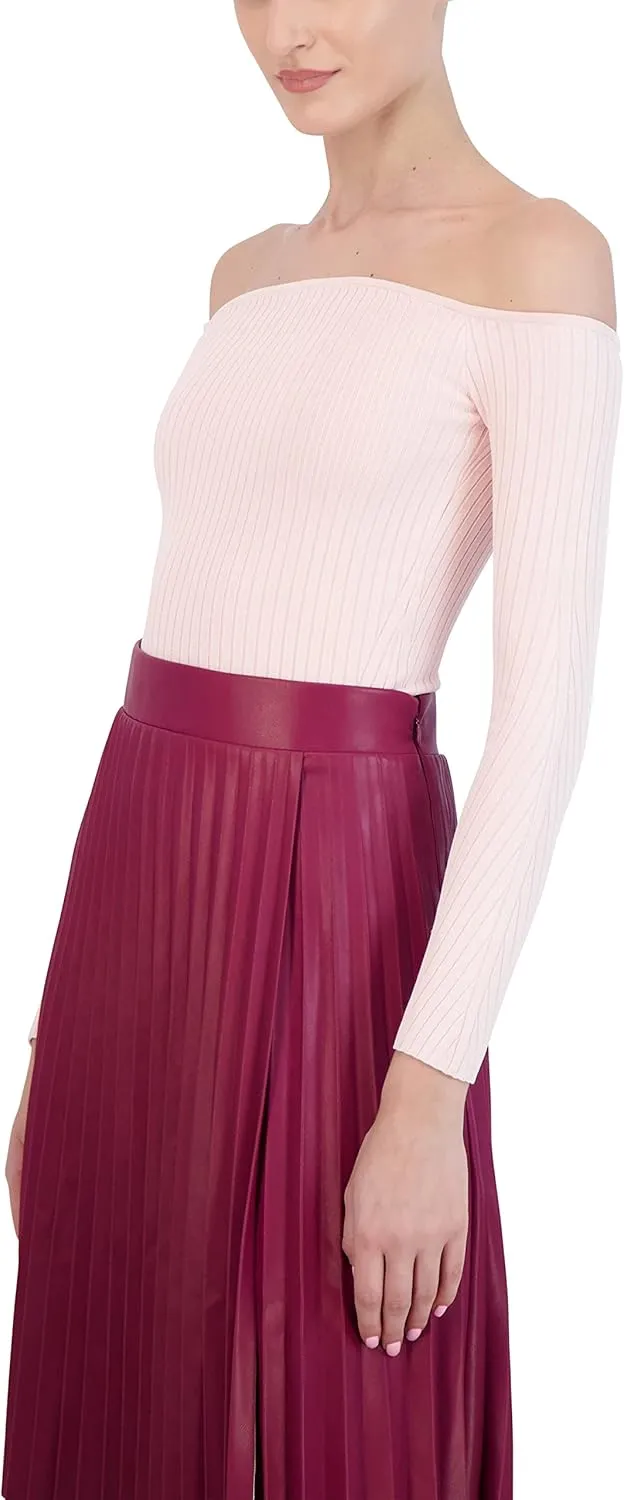BCBGMAXAZRIA Women's Fitted Ribbed Sweater Off The Shoulder Long Sleeve Sculpted Neck Top