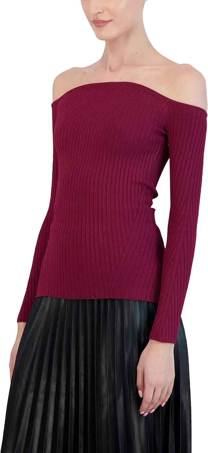 BCBGMAXAZRIA Women's Fitted Ribbed Sweater Off The Shoulder Long Sleeve Sculpted Neck Top