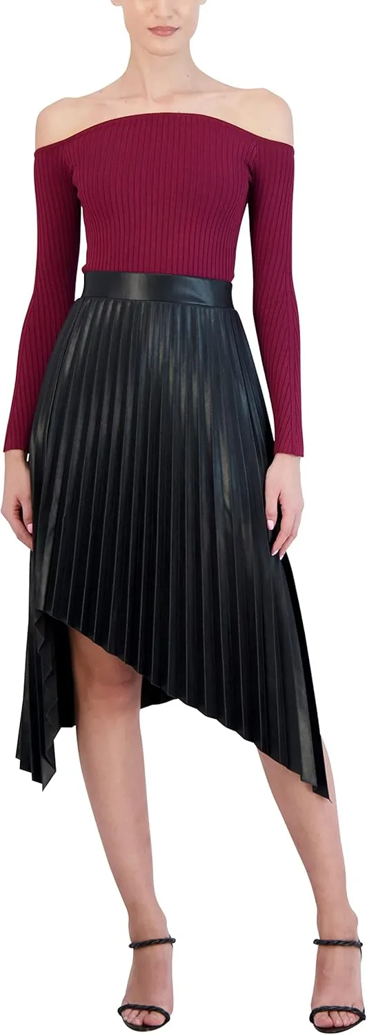 BCBGMAXAZRIA Women's Fitted Ribbed Sweater Off The Shoulder Long Sleeve Sculpted Neck Top