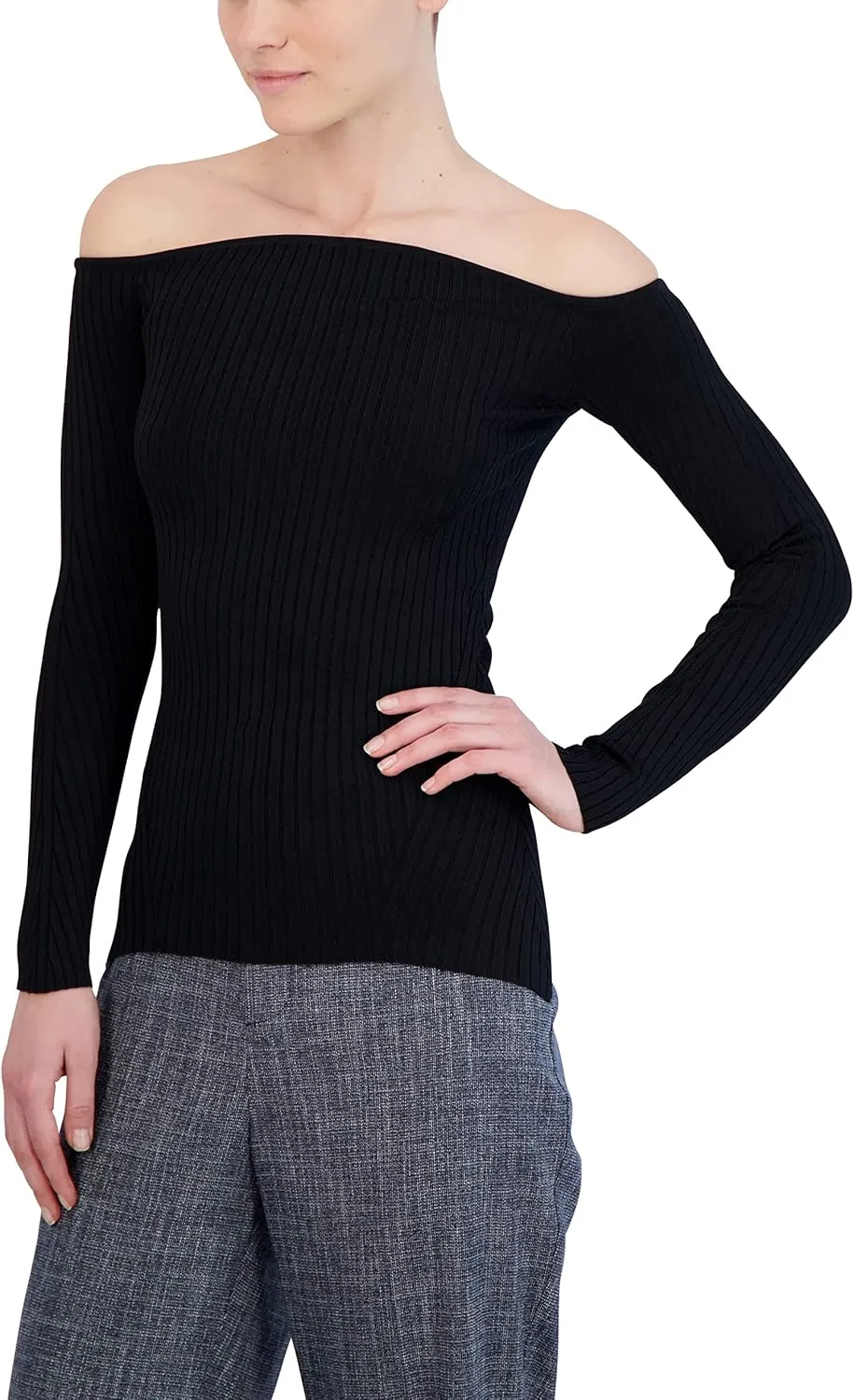 BCBGMAXAZRIA Women's Fitted Ribbed Sweater Off The Shoulder Long Sleeve Sculpted Neck Top