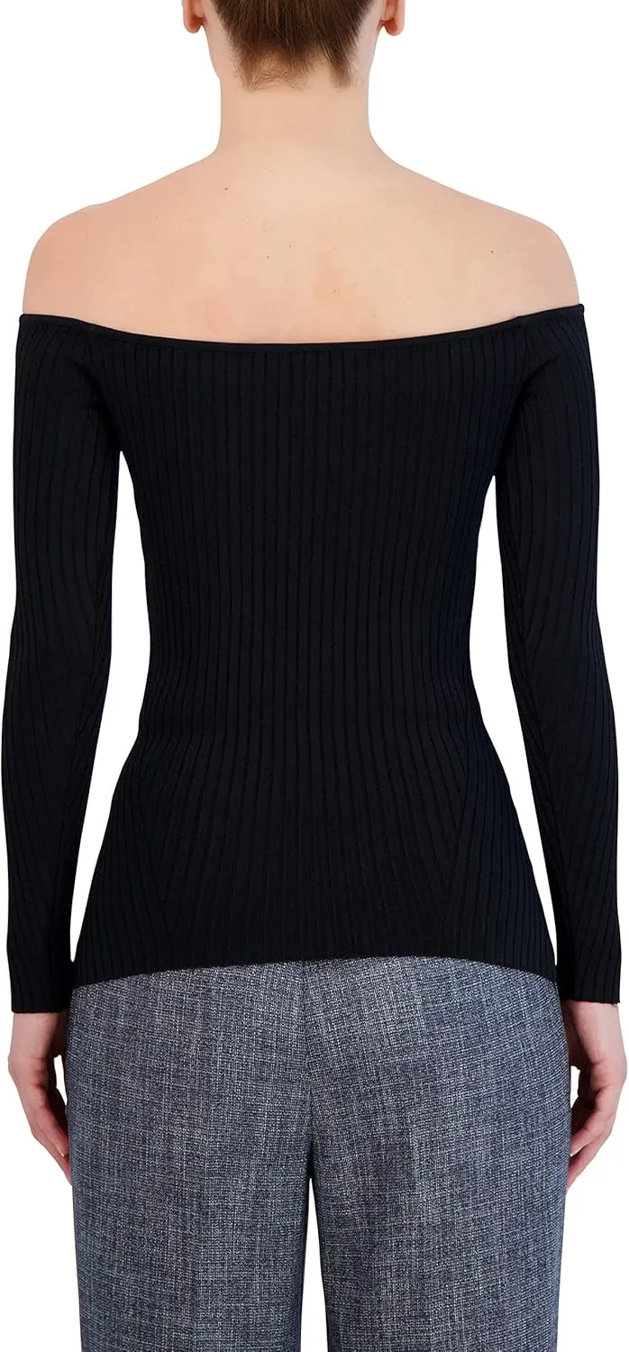 BCBGMAXAZRIA Women's Fitted Ribbed Sweater Off The Shoulder Long Sleeve Sculpted Neck Top