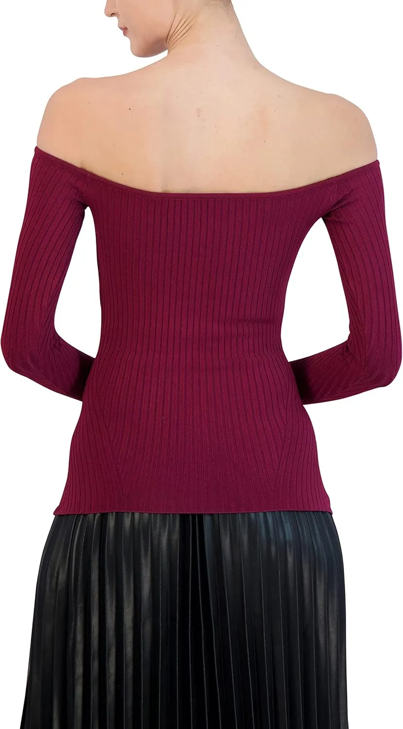 BCBGMAXAZRIA Women's Fitted Ribbed Sweater Off The Shoulder Long Sleeve Sculpted Neck Top
