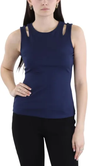 BCBGMAXAZRIA Women's Fitted Top Shoulder Cut Out Crew Neck Shirt