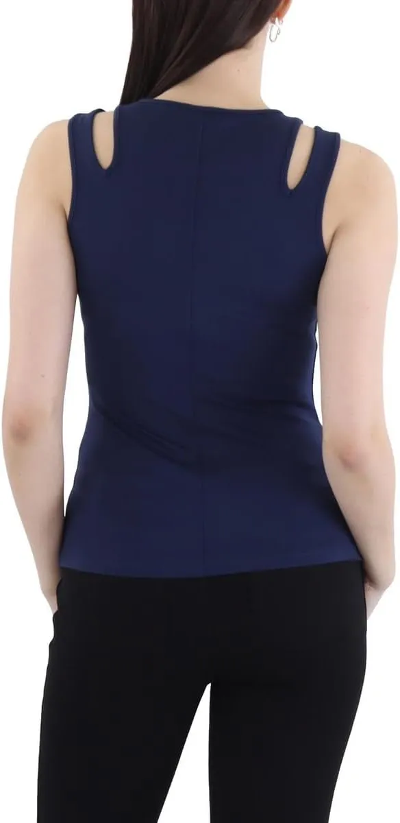 BCBGMAXAZRIA Women's Fitted Top Shoulder Cut Out Crew Neck Shirt