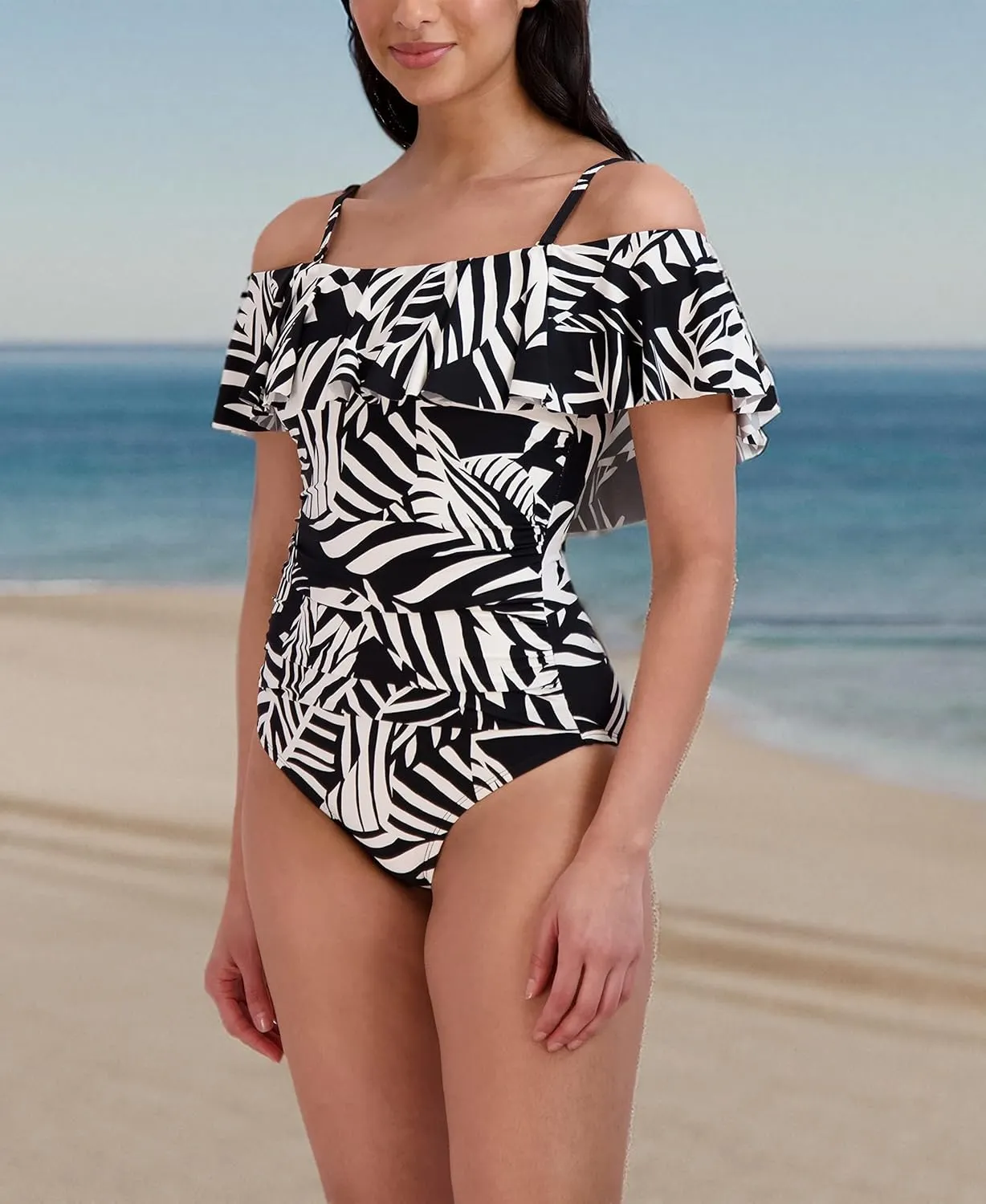 BCBGMAXAZRIA Women's Standard One Piece Swimsuit Off The Shoulder Tummy Control Quick Dry Bathing Suit