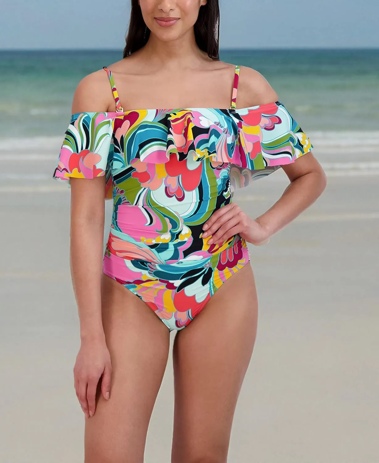 BCBGMAXAZRIA Women's Standard One Piece Swimsuit Off The Shoulder Tummy Control Quick Dry Bathing Suit