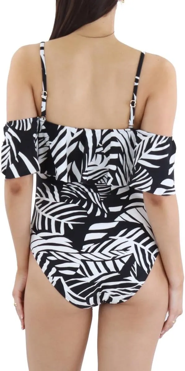 BCBGMAXAZRIA Women's Standard One Piece Swimsuit Off The Shoulder Tummy Control Quick Dry Bathing Suit