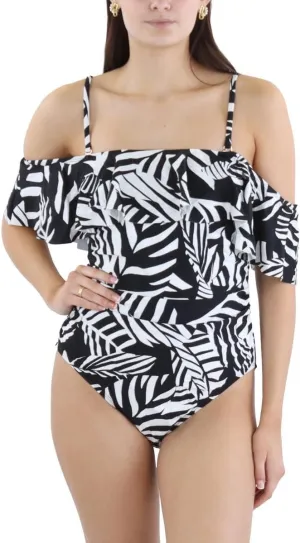 BCBGMAXAZRIA Women's Standard One Piece Swimsuit Off The Shoulder Tummy Control Quick Dry Bathing Suit