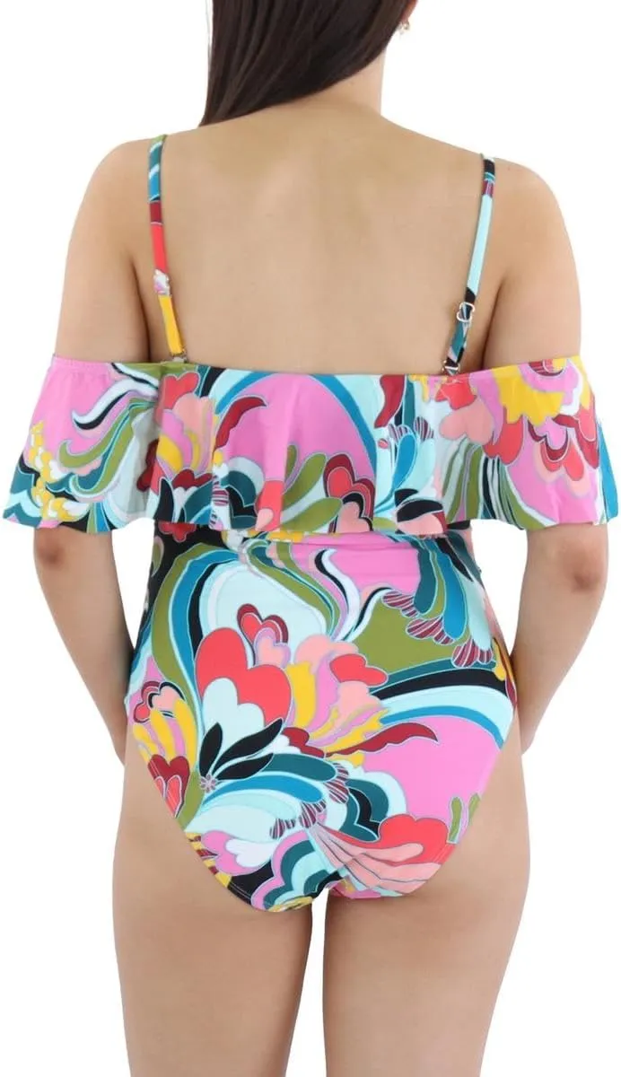 BCBGMAXAZRIA Women's Standard One Piece Swimsuit Off The Shoulder Tummy Control Quick Dry Bathing Suit