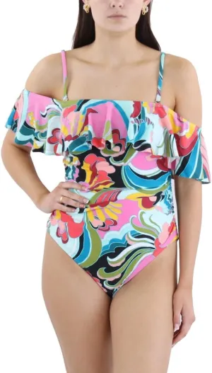 BCBGMAXAZRIA Women's Standard One Piece Swimsuit Off The Shoulder Tummy Control Quick Dry Bathing Suit