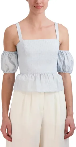 BCBGMAXAZRIA Women's Straight Neck Puff Sleeve Off Shoulder Top